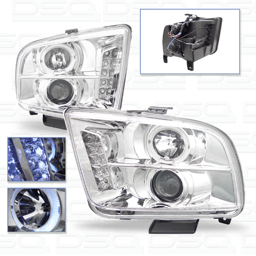 05-09 Mustang Headlights GEN 1 PROJECTOR with HALO and LED Turn Signals- CHROME (Pair) (H.I.D Compatible)
