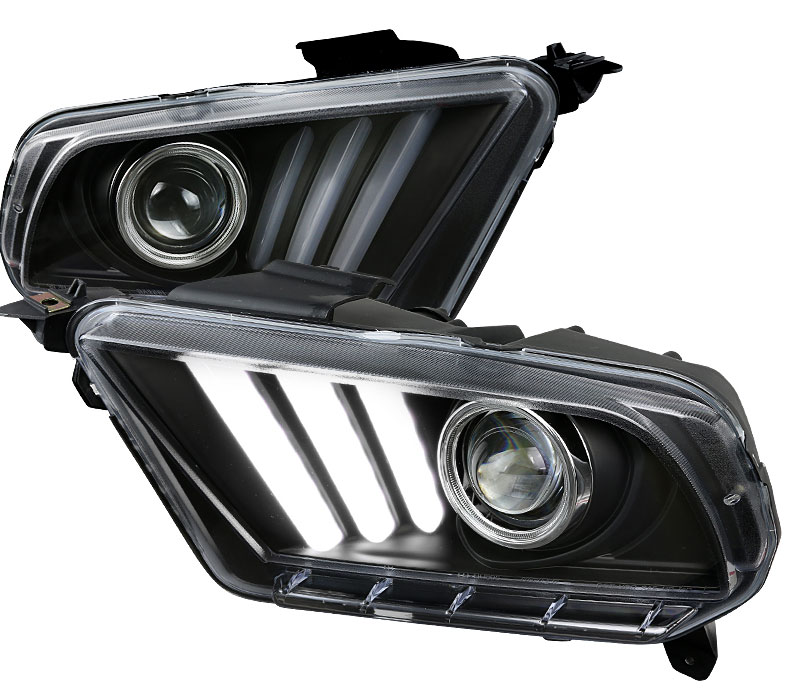 2010-2014 Mustang Headlights with Sequential turn signal 1-2-3 Blink Gloss BLACK w/Clear Lens (Pair) (NEW ITEM)