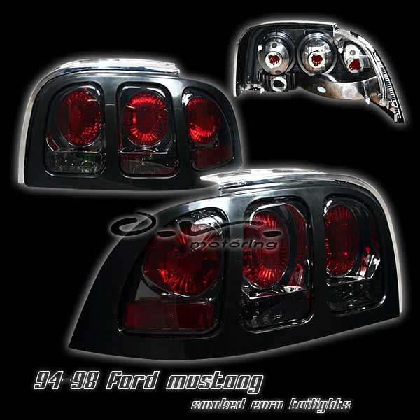 94-98 Mustang Taillights Gen 2 Style - Chrome Housing w/Smoked Lens & Black Bezel (Pair)