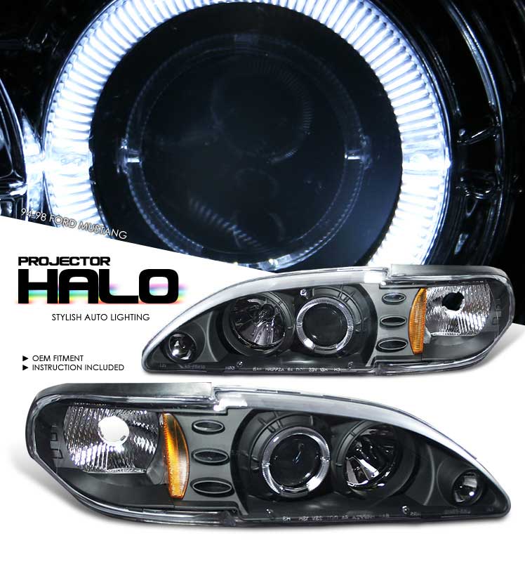 94-98 Mustang Headlights 1PC - Angle Eye LED Projector BLACK Style 008 (Pair)