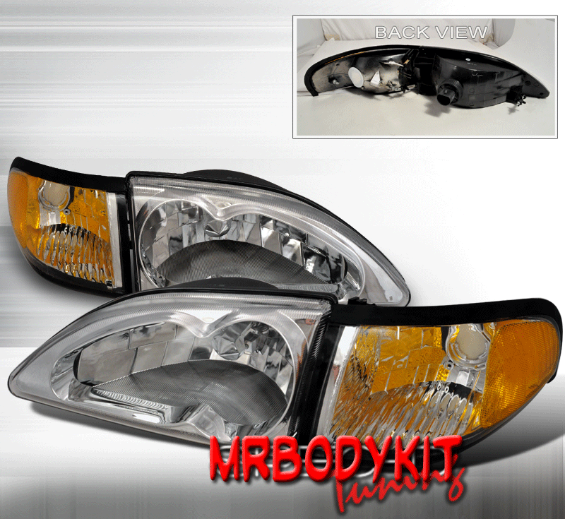 94-98 Mustang Headlights 4 PC - Gen 2 Style w/Corners with Amber - CHROME (Pair)