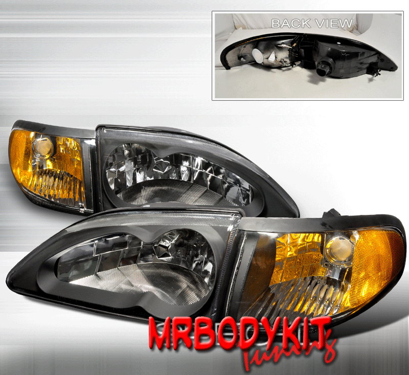94-98 Mustang Headlights 4 PC - Gen 2 Style w/Corners with Amber - BLACK (Pair)