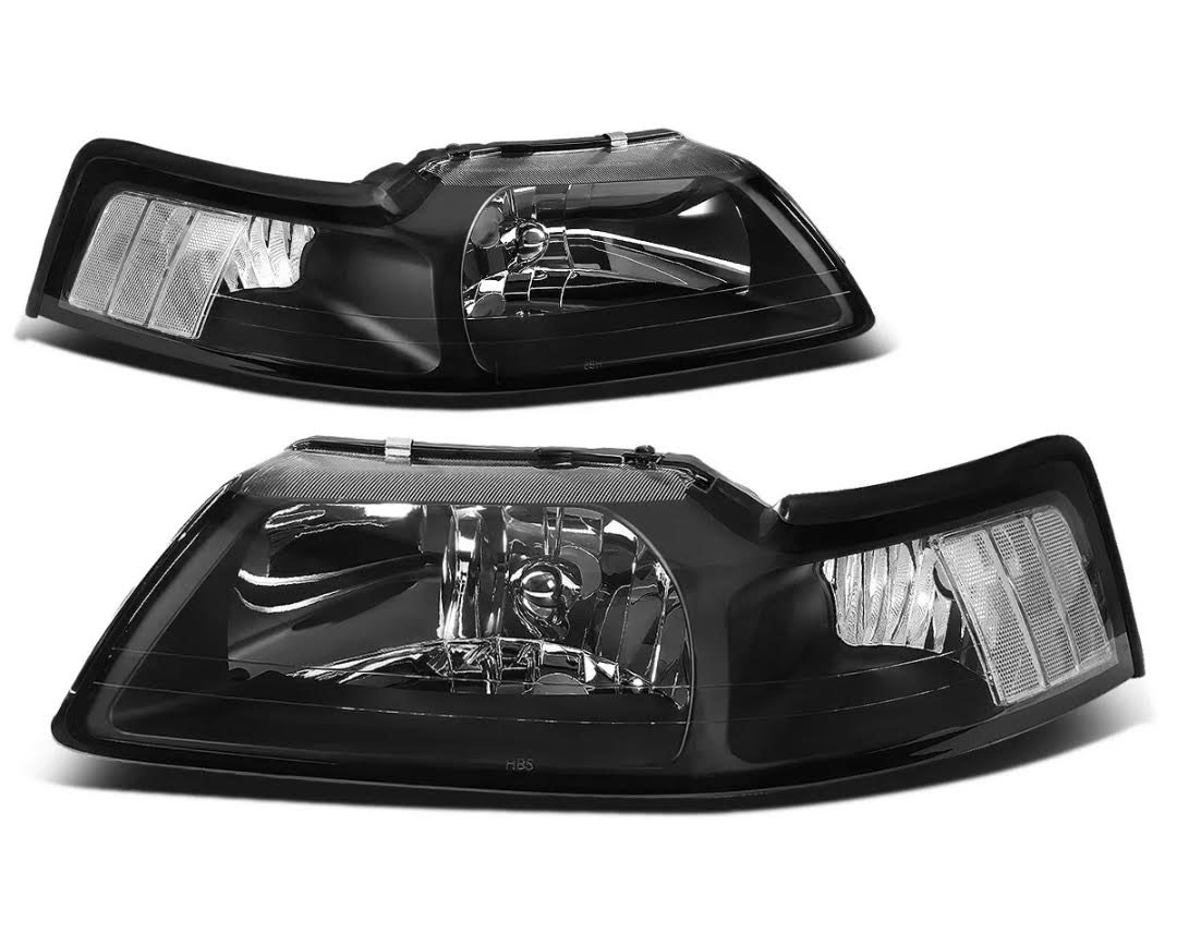 99-04 Mustang Headlights - BLACK - No amber (Pair) Clear Reflector