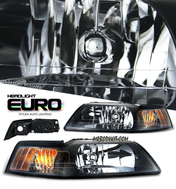 99-04 Mustang Headlights - BLACK Housing With Amber (Pair)
