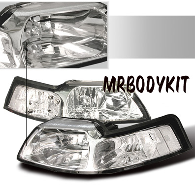 99-04 Mustang Headlights - CHROME - No amber (Pair) Clear Reflector
