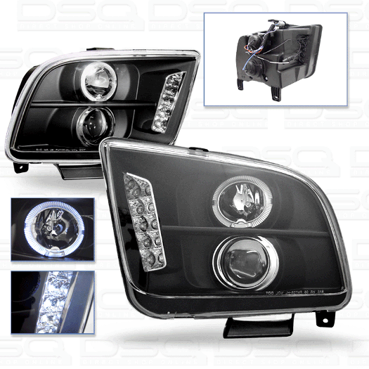 05-09 Mustang Headlights GEN 1 PROJECTOR with HALO and LED Turn Signals- BLACK (Pair) (H.I.D Compatible)