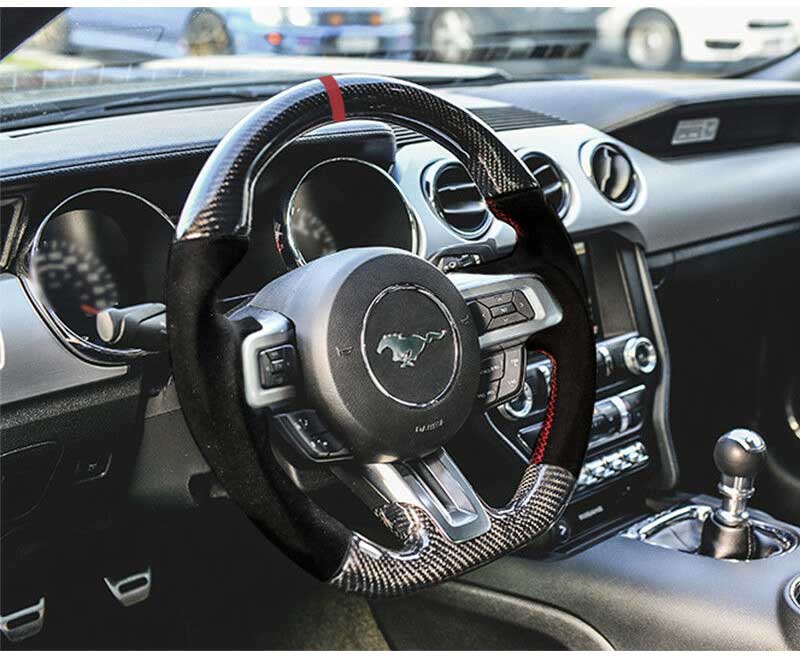 2015-17 Mustang Carbon Fiber Steering Wheel replacement with Alcantara and Red Stitches/Ring (V6/GT/GT500)