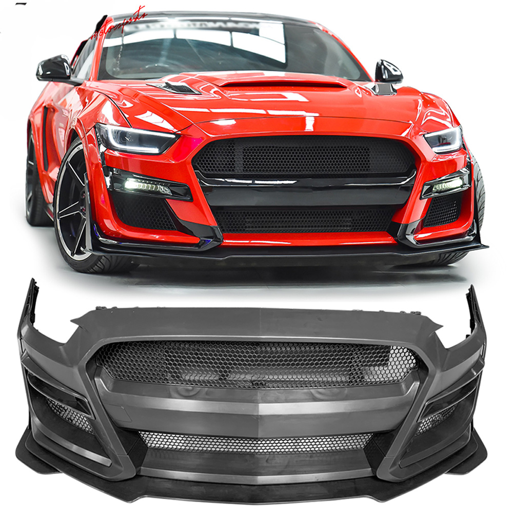 DNA Motoring 2-PU-661-PBK 3Pc With Vertical Stabilizers Glossy Finish Front Bumper Lip Replacement For 15-17 Mustang GT 