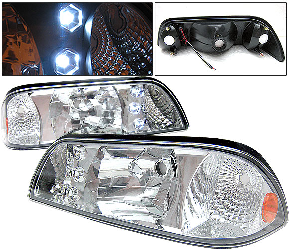 87-93 Mustang Headlights 1 PC Design - Neo Style Gen 3 w/Blue LED - Chrome Clear Lens (Pair)