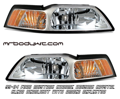 99-04 Mustang Headlights - CHROME Housing With Amber (Pair)