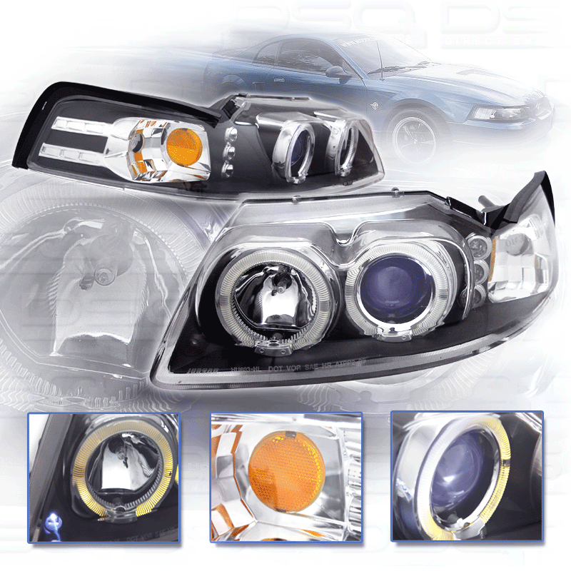 99-04 Mustang Headlights PROJECTOR Twin Halo with L.E.D - GEN 3 - BLACK (Pair)