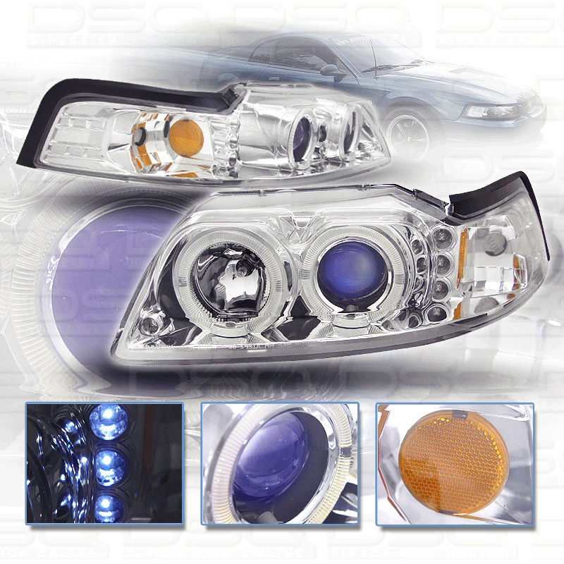 99-04 Mustang Headlights PROJECTOR Twin Halo with L.E.D - GEN 3 - CHROME (Pair)