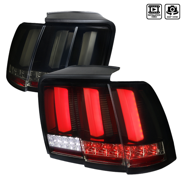 99-04 Mustang Taillights GEN 12 - GLOSS BLACK w/White Markers & Smoked Lens Built in Sequential 123 Blink (Pair)
