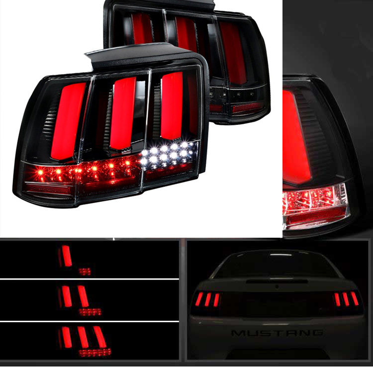99-04 Mustang Taillights GEN 12 - Gloss BLACK w/Clear lens w/Red Markers w/Built in Sequential 123 Blink (Pair)
